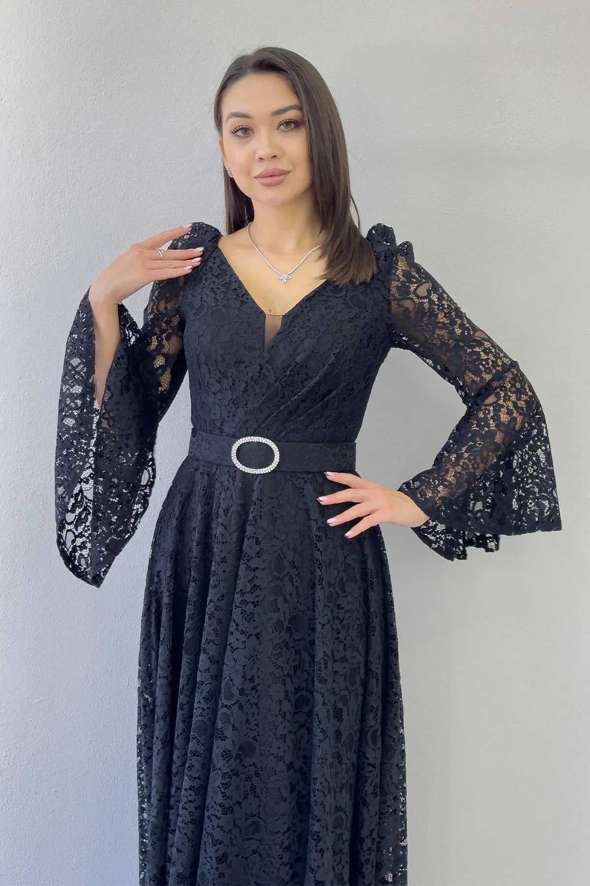 Women's Black Wrap Neck Kemer Detail Laceli Long Sleeve Midi Dress