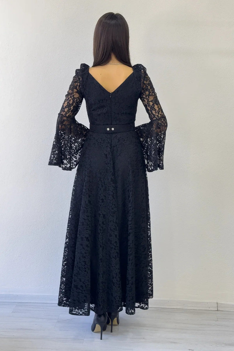 Women's Black Wrap Neck Kemer Detail Laceli Long Sleeve Midi Dress