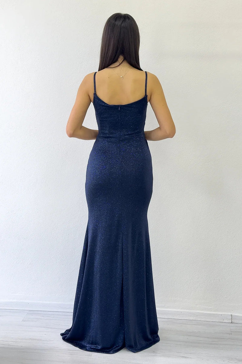 Women's Navy Blue Strap Wrap Neck Draped Crystal Embellished Glitter Evening Gown