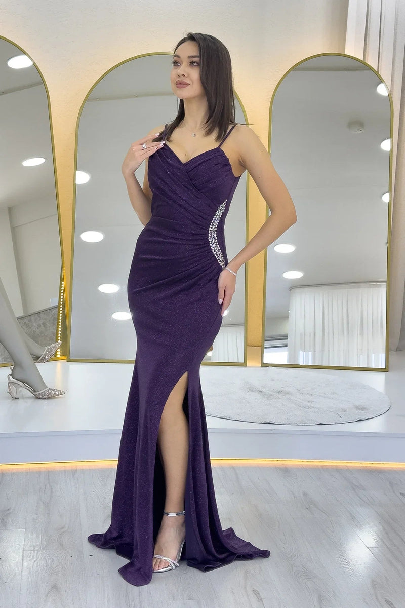 Women's Purple Strap Wrap Neck Draped Crystal Embellished Glitter Evening Gown