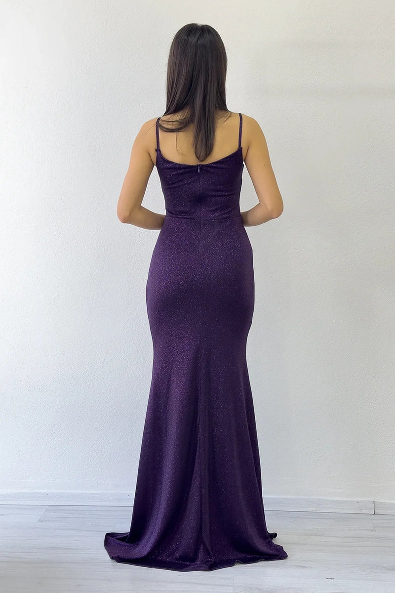 Women's Purple Strap Wrap Neck Draped Crystal Embellished Glitter Evening Gown