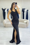 Black Glittery Maxi Evening Dress with Slit