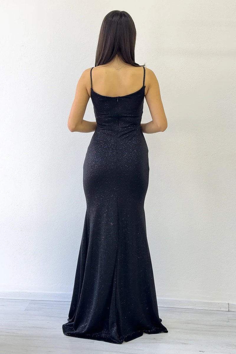 Women's Black Strap Wrap Neck Draped Crystal Embellished Glitter Evening Gown