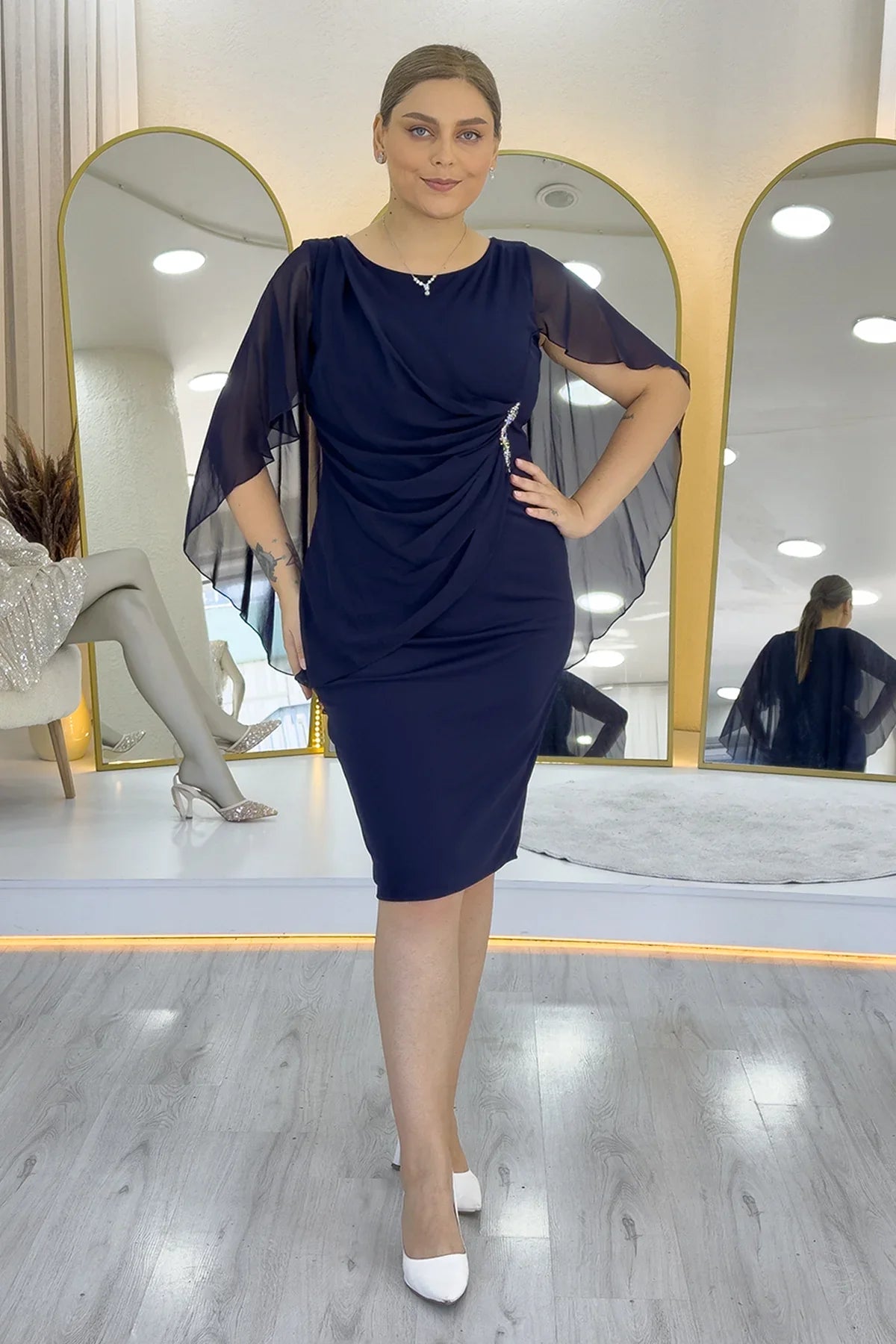 Women's Navy Blue Plus Size Midi Chiffon Pelerinli Evening Gown