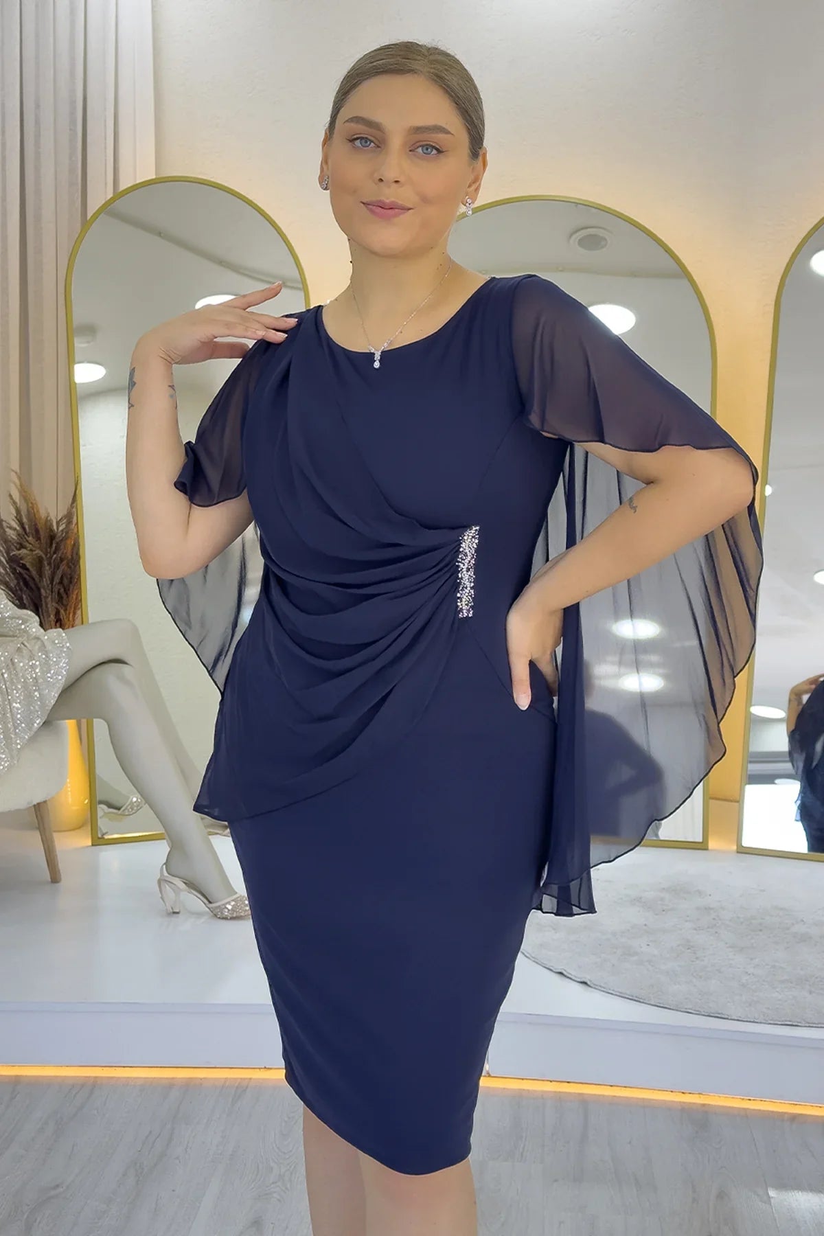 Women's Navy Blue Plus Size Midi Chiffon Pelerinli Evening Gown