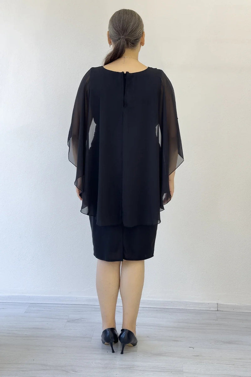 Women's Black Plus Size Midi Chiffon Pelerinli Evening Gown