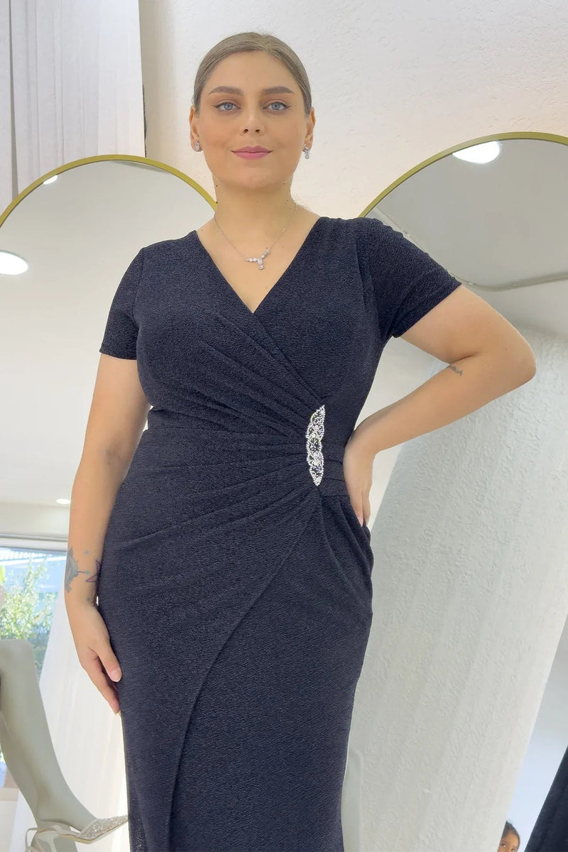 Women's Black Glitter Wrap Neck Crystal Embellished Plus Size Evening Gown