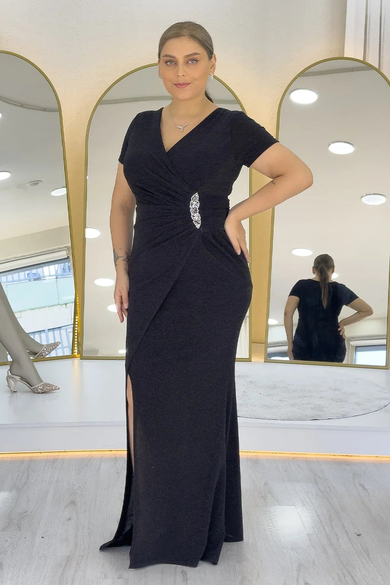Women's Black Glitter Wrap Neck Crystal Embellished Plus Size Evening Gown