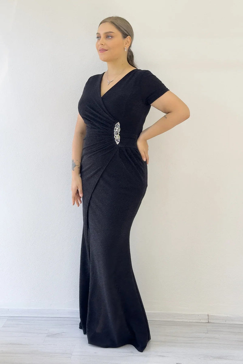 Women's Black Glitter Wrap Neck Crystal Embellished Plus Size Evening Gown