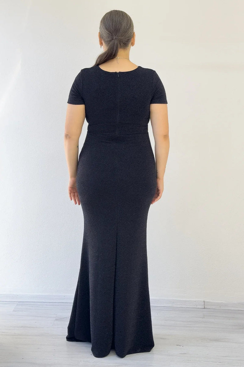 Women's Black Glitter Wrap Neck Crystal Embellished Plus Size Evening Gown