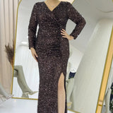 Brown Sequin Maxi Evening Dress