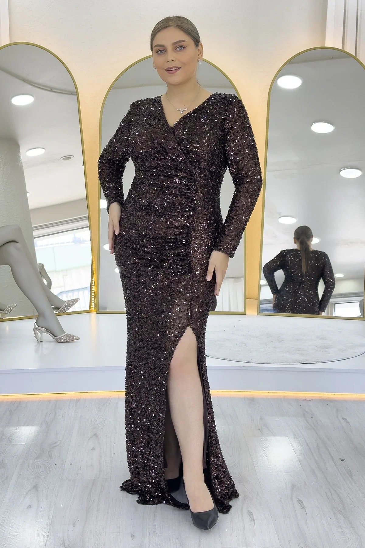Women's Brown Long Sleeve Sequin Slit Plus Size Evening Gown