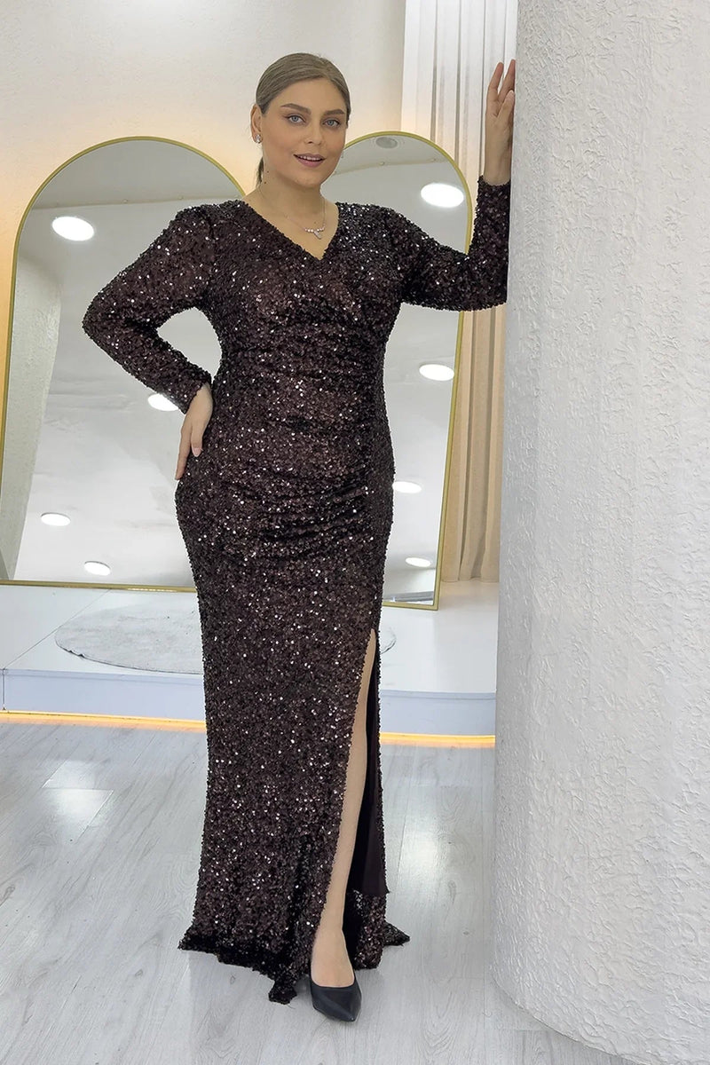 Women's Brown Long Sleeve Sequin Slit Plus Size Evening Gown