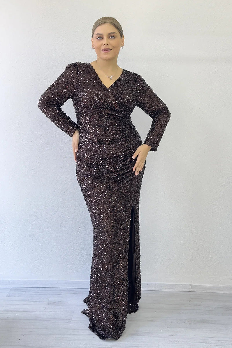 Women's Brown Long Sleeve Sequin Slit Plus Size Evening Gown