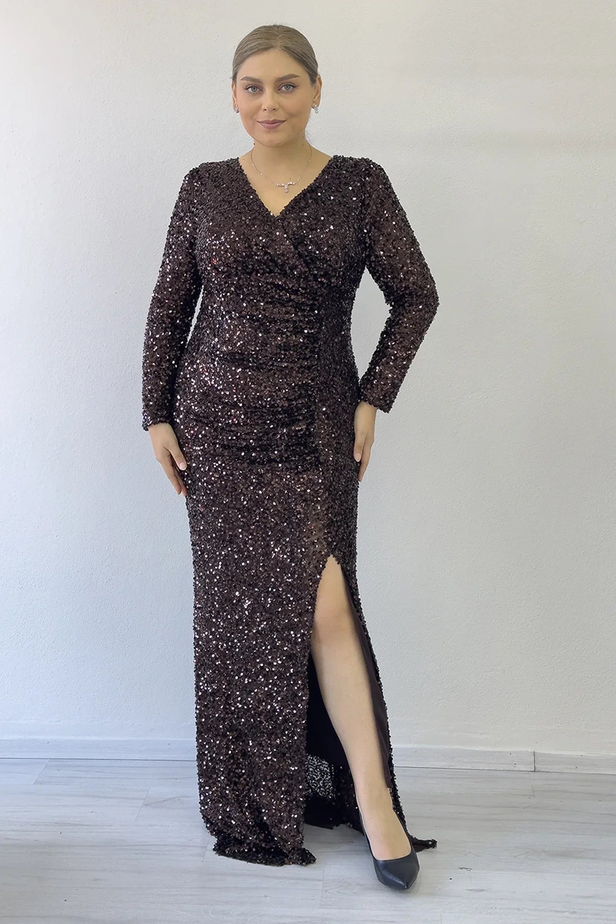 Women's Brown Long Sleeve Sequin Slit Plus Size Evening Gown