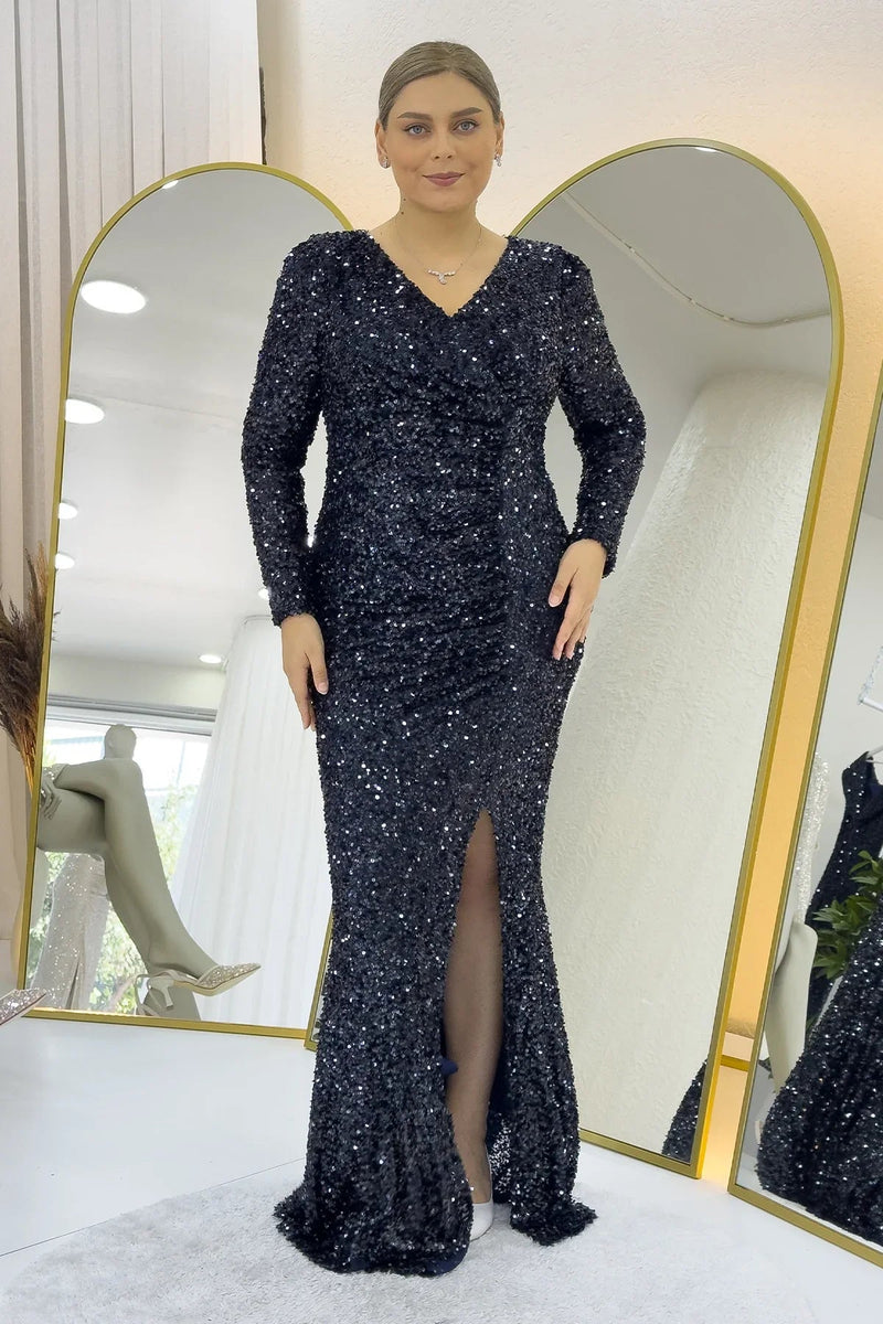 Women's Navy Blue Long Sleeve Sequin Slit Plus Size Evening Gown