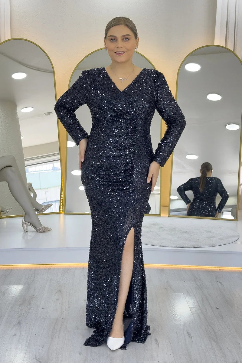 Women's Navy Blue Long Sleeve Sequin Slit Plus Size Evening Gown
