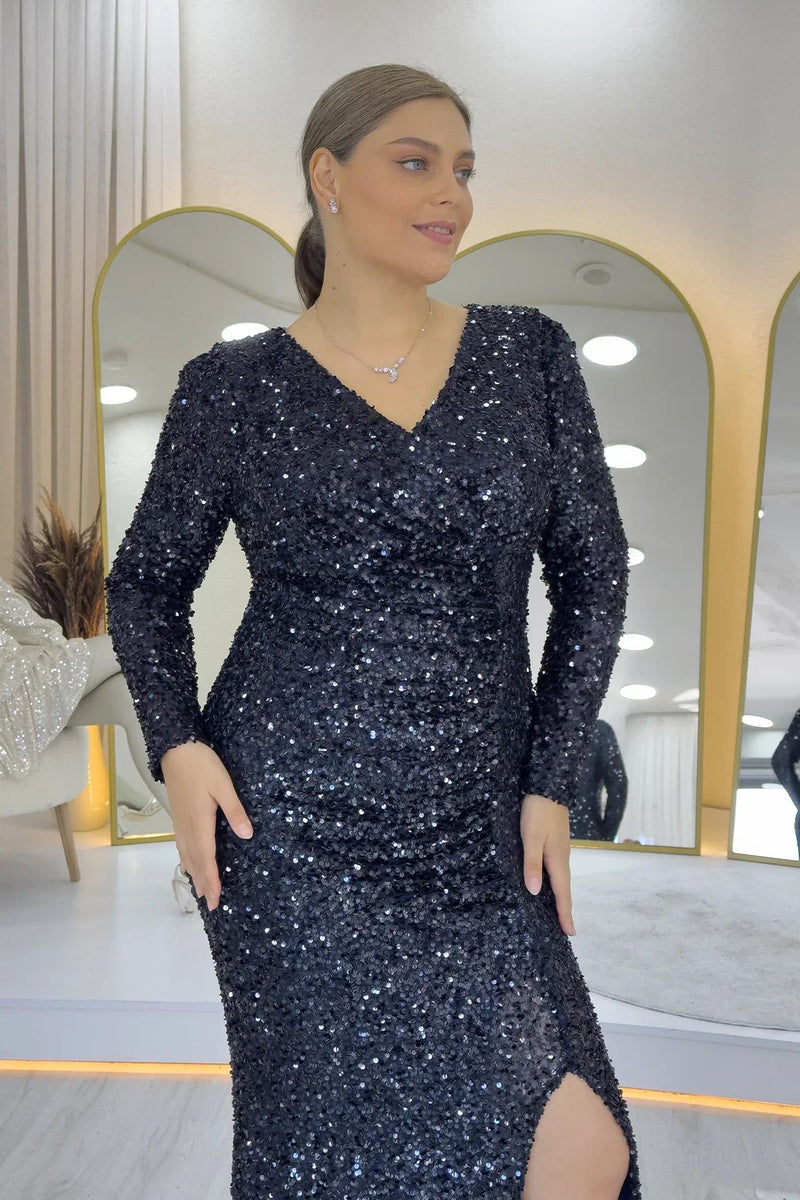 Women's Navy Blue Long Sleeve Sequin Slit Plus Size Evening Gown