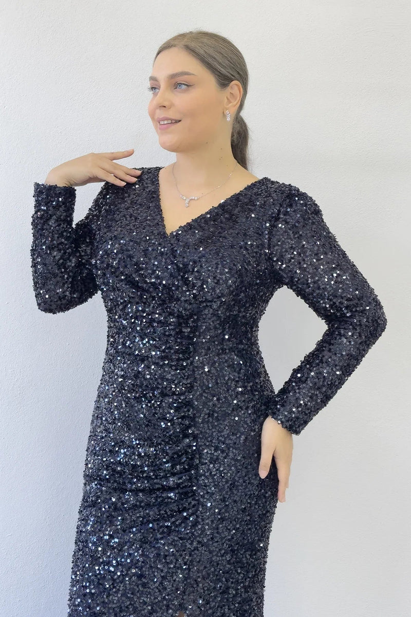 Women's Navy Blue Long Sleeve Sequin Slit Plus Size Evening Gown
