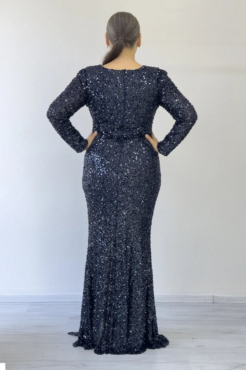 Women's Navy Blue Long Sleeve Sequin Slit Plus Size Evening Gown