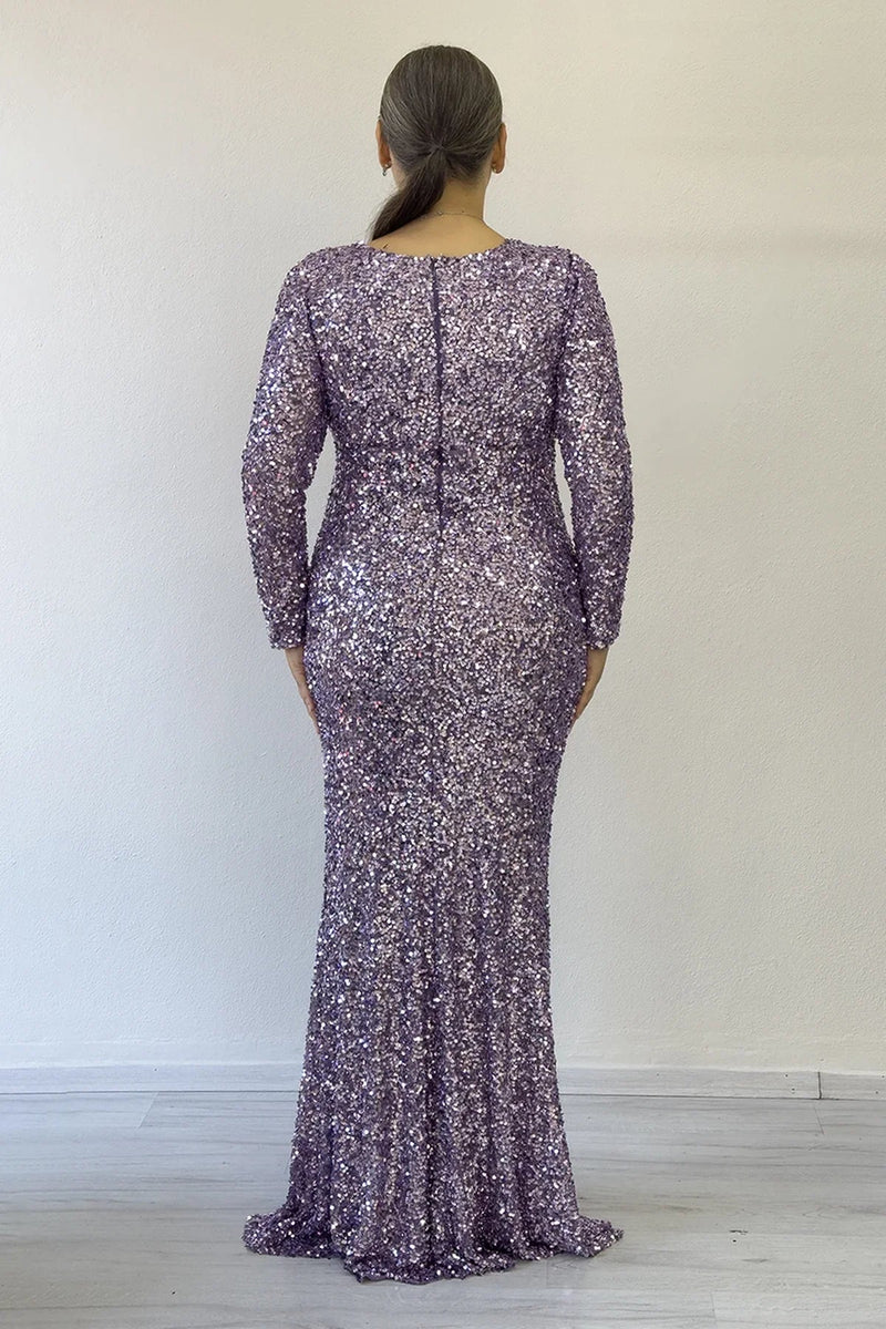 Women's Lilac Long Sleeve Sequin Slit Plus Size Evening Gown