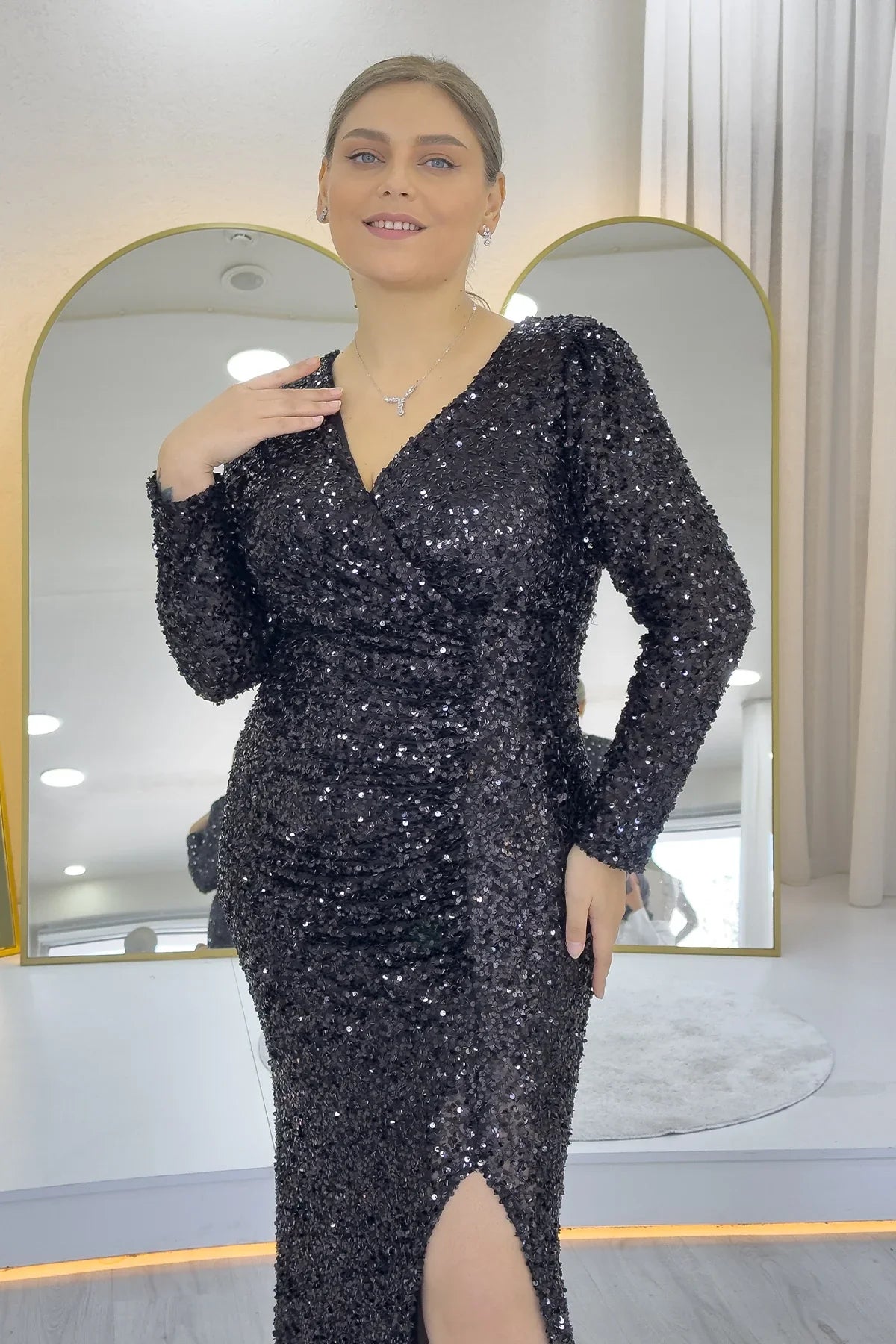Women's Black Long Sleeve Sequin Slit Plus Size Evening Gown