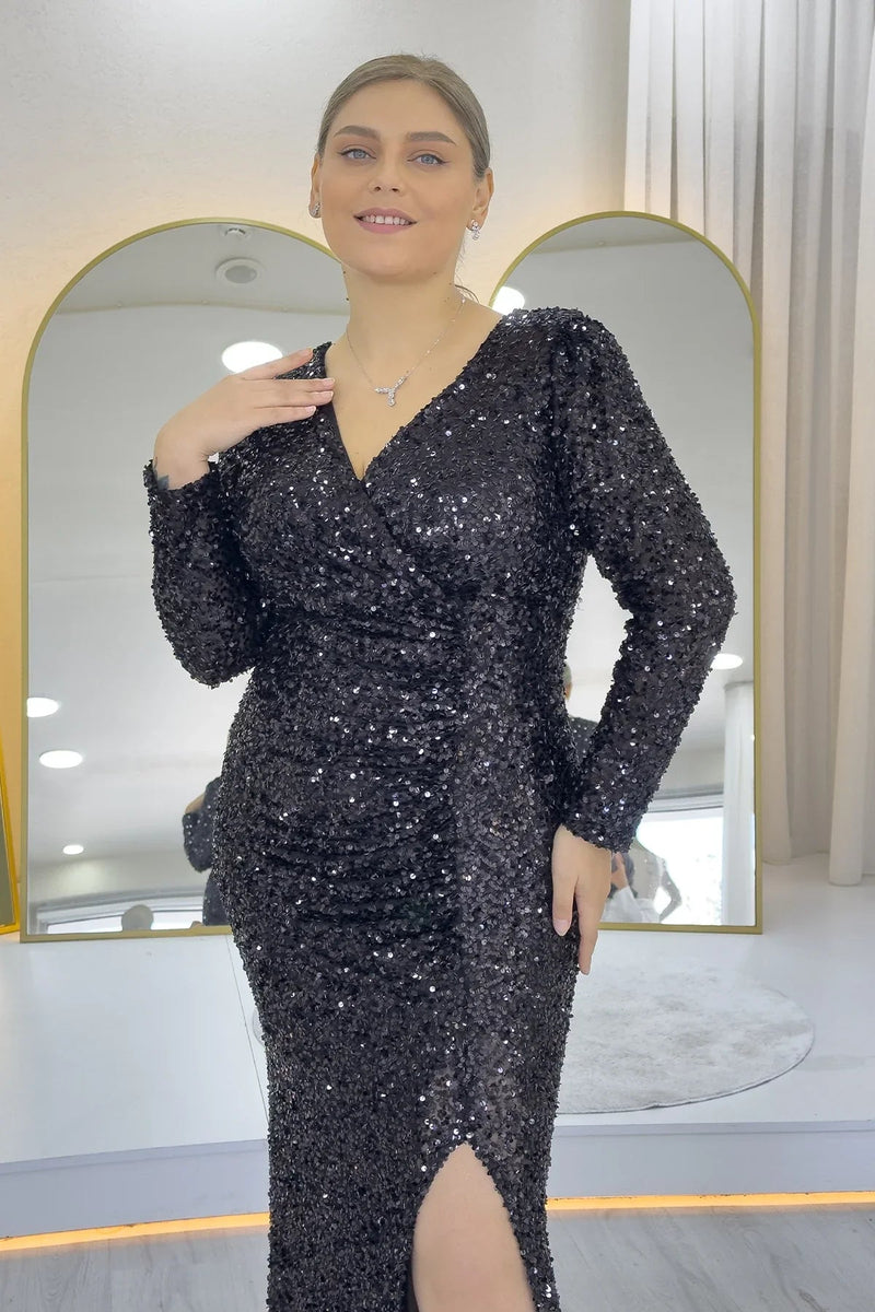 Women's Black Long Sleeve Sequin Slit Plus Size Evening Gown