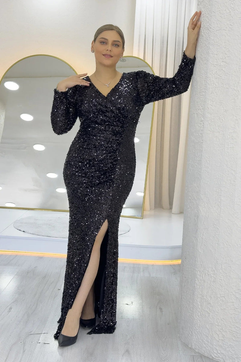 Women's Black Long Sleeve Sequin Slit Plus Size Evening Gown