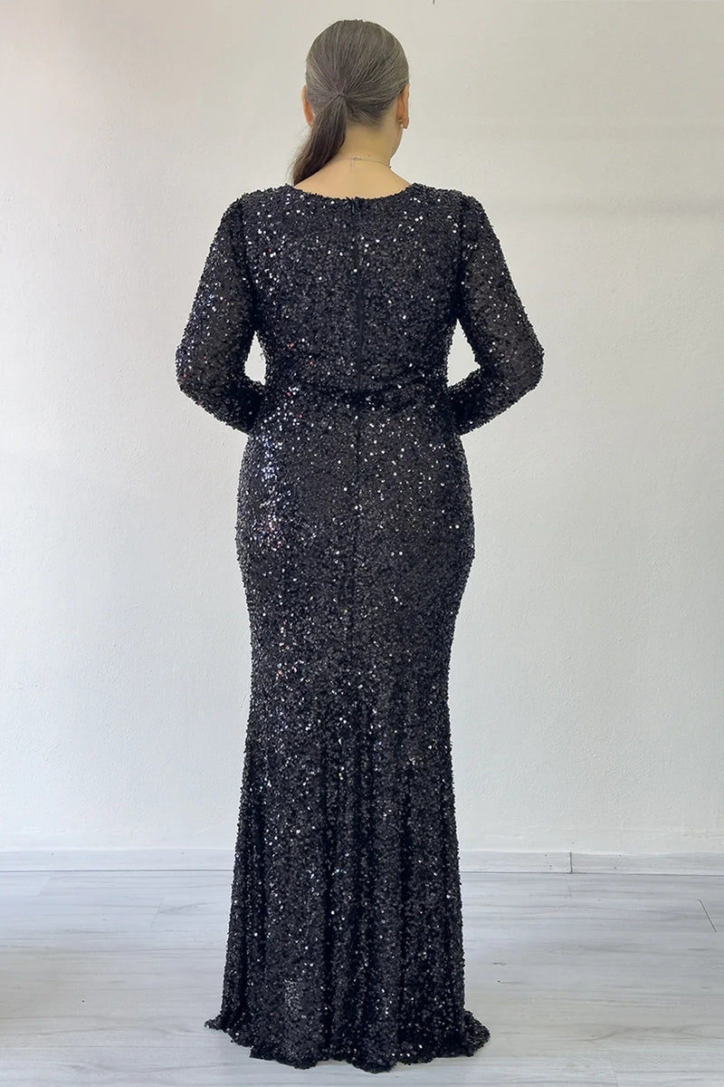 Women's Black Long Sleeve Sequin Slit Plus Size Evening Gown