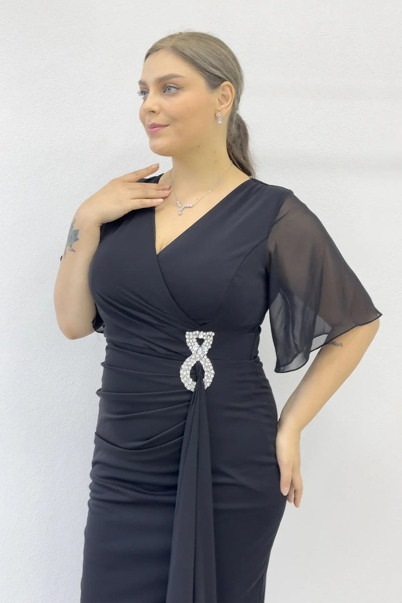 Women's Black Half Sleeve Crystal Embellished Midi Plus Size Evening Gown