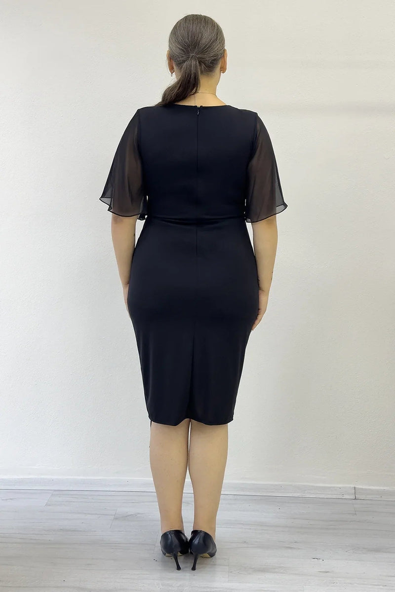 Women's Black Half Sleeve Crystal Embellished Midi Plus Size Evening Gown