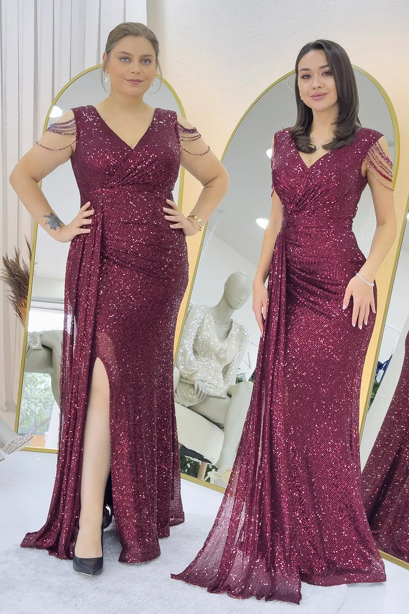 Women's Burgundy Wrap Neck Omuz Detail Sequin Plus Size Evening Gown