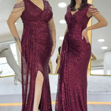 Burgundy Sequined Maxi Evening Dress