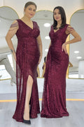 Burgundy Sequined Maxi Evening Dress