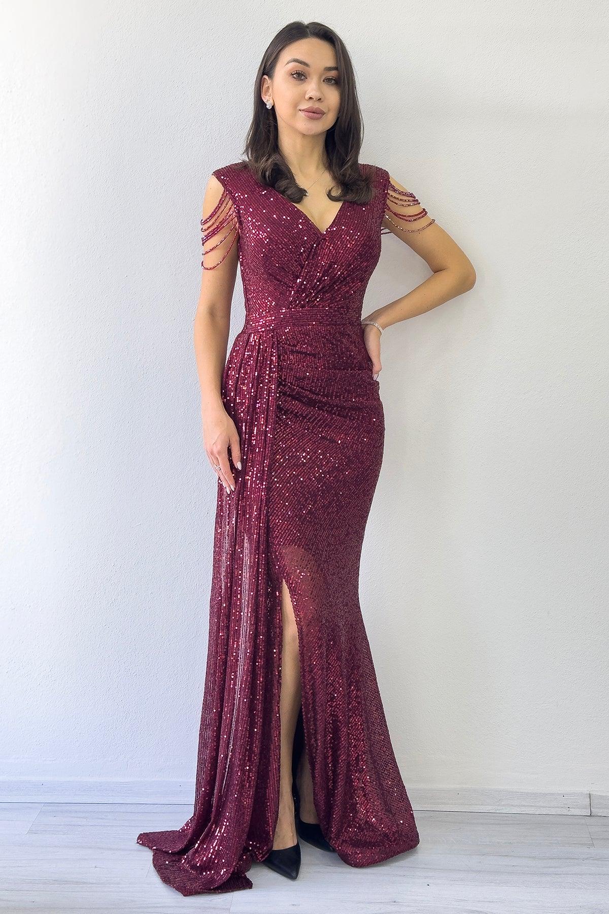 Women's Burgundy Wrap Neck Omuz Detail Sequin Plus Size Evening Gown
