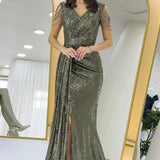 Khaki Sequined Maxi Evening Dress