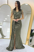 Khaki Sequined Maxi Evening Dress