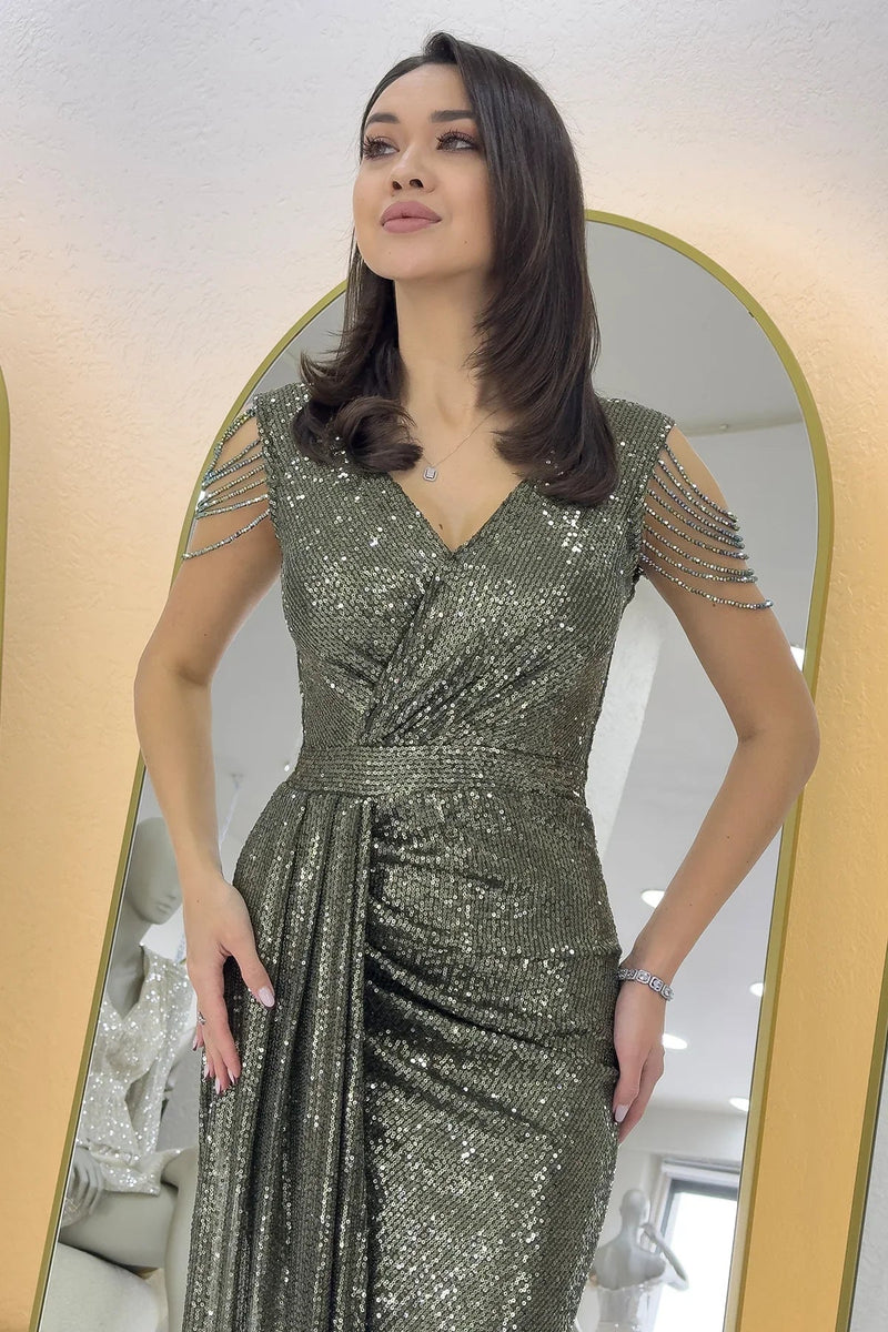 Women's Khaki Wrap Neck Omuz Detail Sequin Plus Size Evening Gown