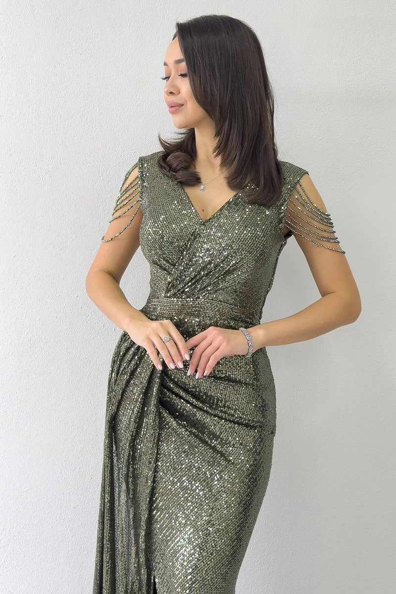 Women's Khaki Wrap Neck Omuz Detail Sequin Plus Size Evening Gown