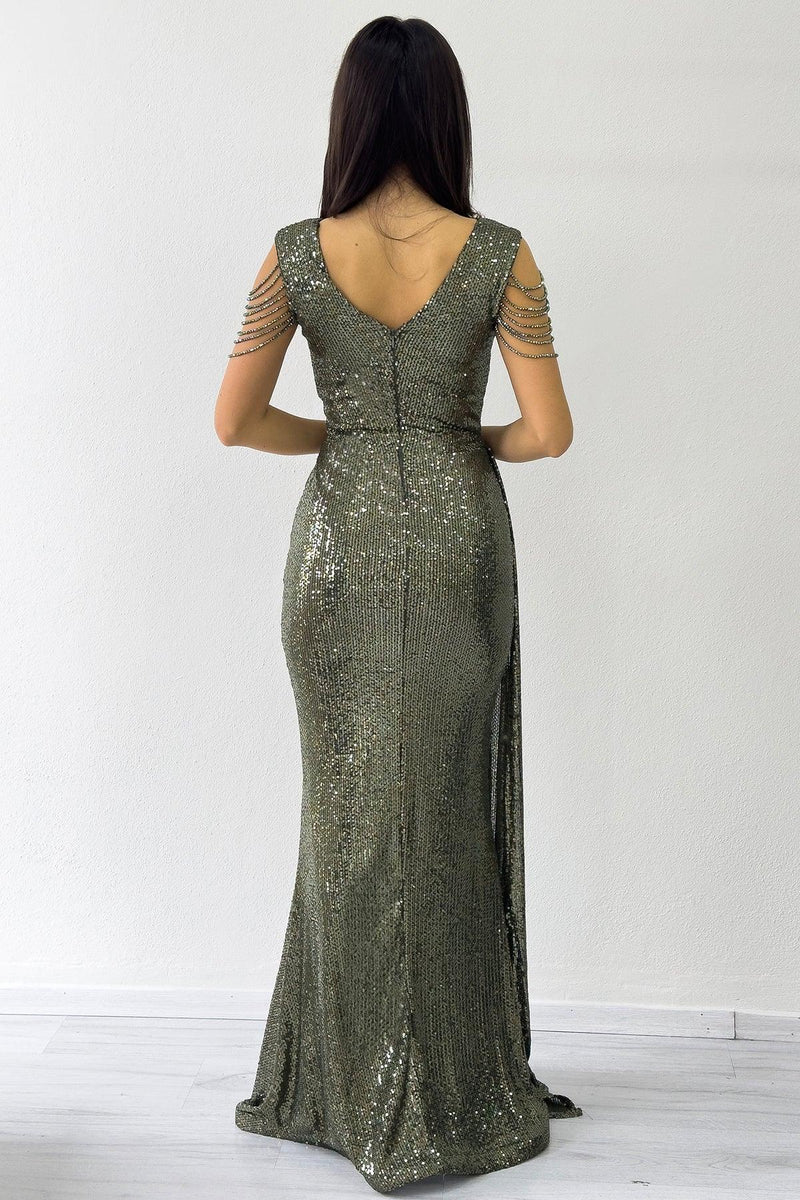 Women's Khaki Wrap Neck Omuz Detail Sequin Plus Size Evening Gown