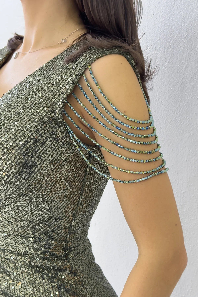 Women's Khaki Wrap Neck Omuz Detail Sequin Plus Size Evening Gown