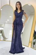 Navy Blue Sequined Maxi Evening Dress