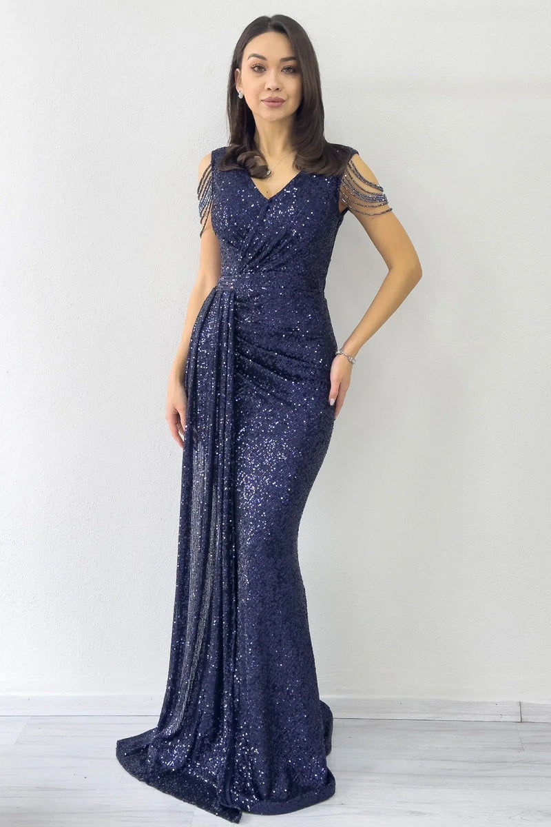 Women's Navy Blue Wrap Neck Omuz Detail Sequin Plus Size Evening Gown