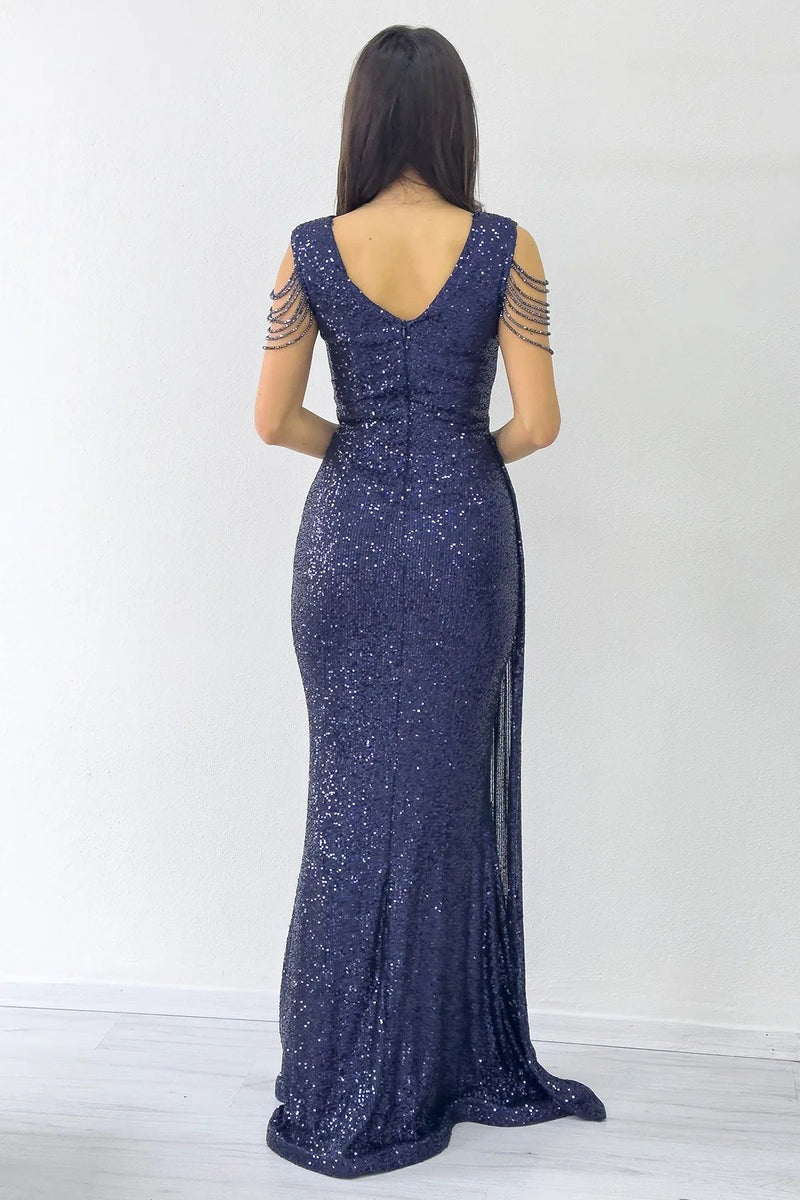 Women's Navy Blue Wrap Neck Omuz Detail Sequin Plus Size Evening Gown
