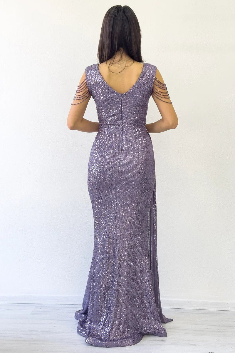 Women's Lilac Wrap Neck Omuz Detail Sequin Plus Size Evening Gown