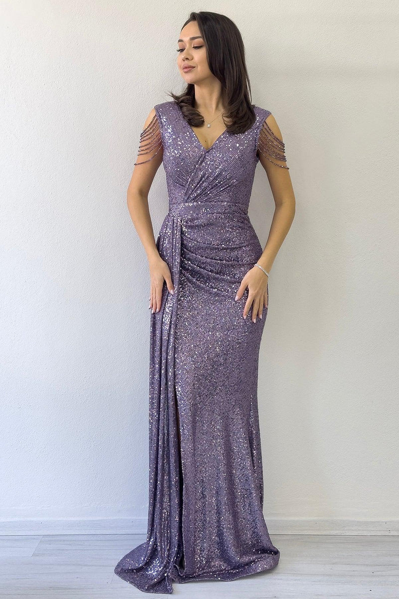Women's Lilac Wrap Neck Omuz Detail Sequin Plus Size Evening Gown