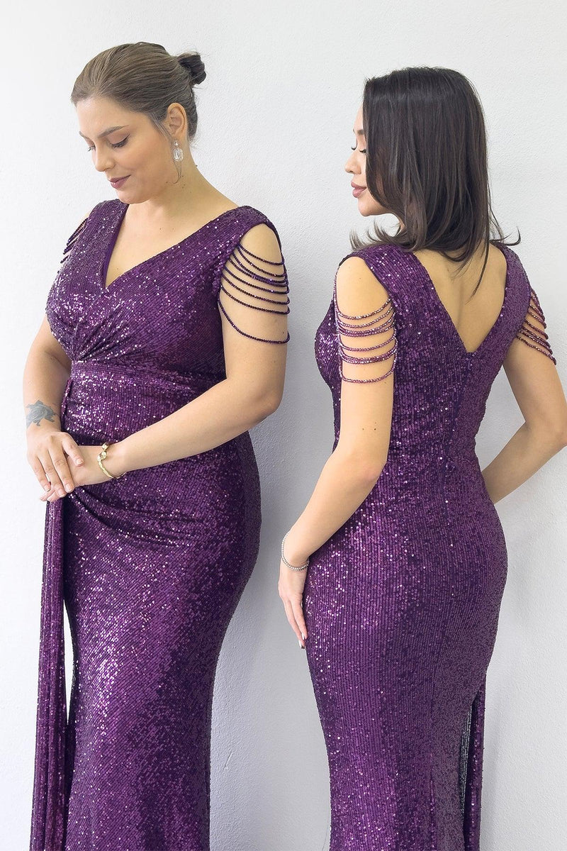 Women's Purple Wrap Neck Omuz Detail Sequin Plus Size Evening Gown