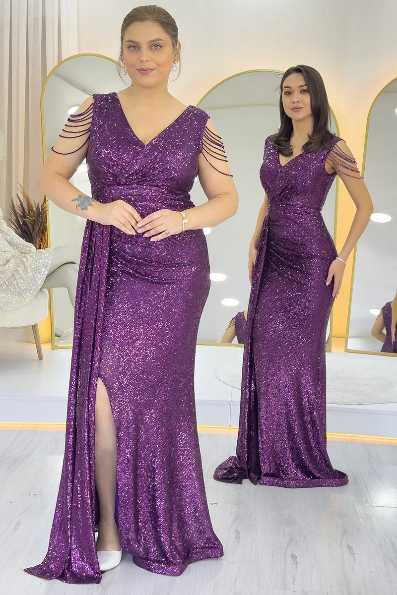 Women's Purple Wrap Neck Omuz Detail Sequin Plus Size Evening Gown