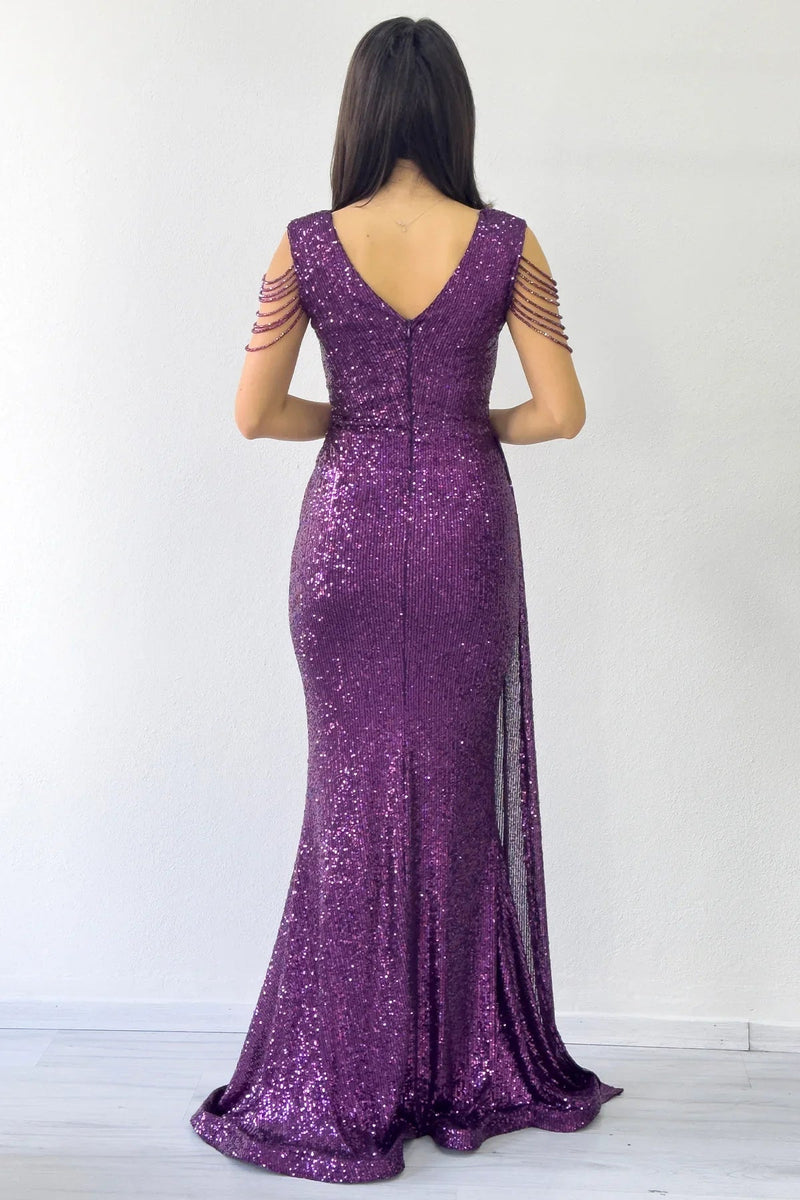 Women's Purple Wrap Neck Omuz Detail Sequin Plus Size Evening Gown