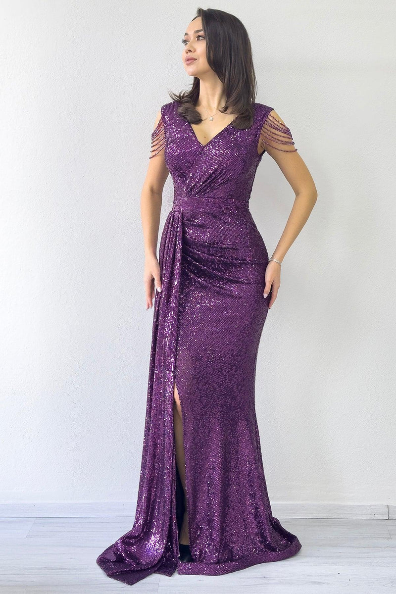 Women's Purple Wrap Neck Omuz Detail Sequin Plus Size Evening Gown